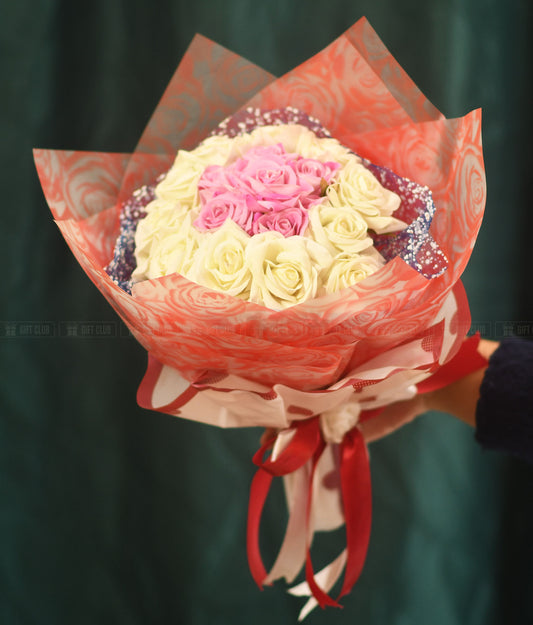 FB03 : Blushing Love - Premium Pink & White Rose Bouquet