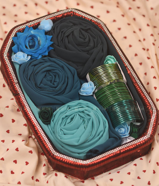 Hizabi Dala 03 : Premium Blue & Teal Floral Hijab & Churi Dala