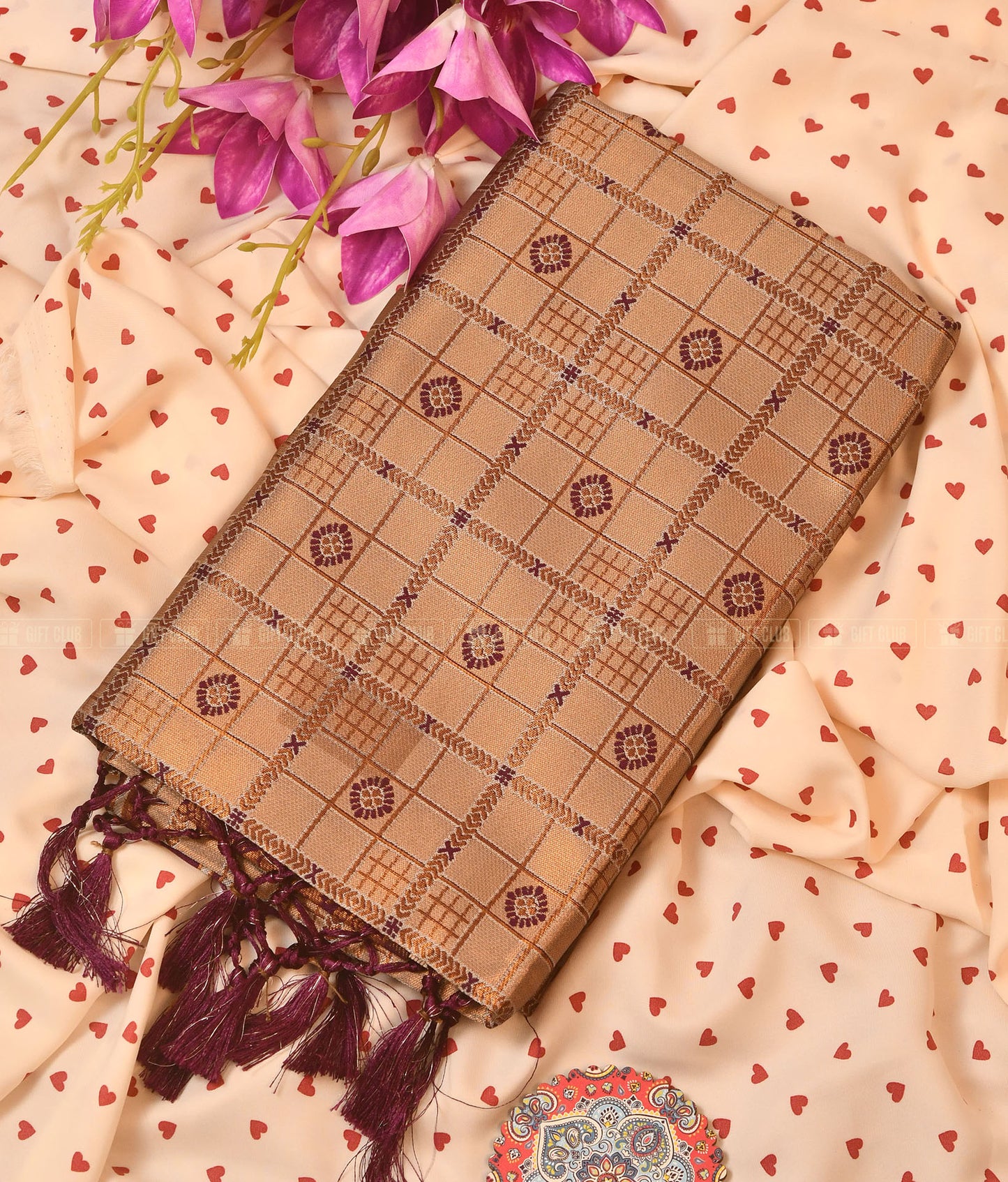 সুবর্ণা (KNJ 04) - Beige & Maroon Grid Kanchipuram