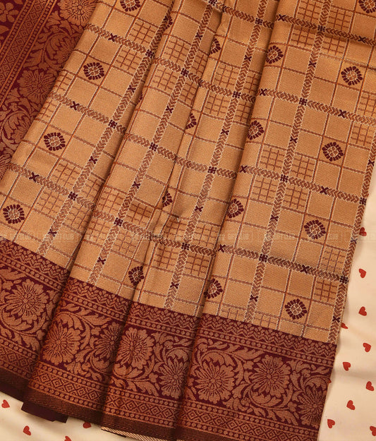 সুবর্ণা (KNJ 04) - Beige & Maroon Grid Kanchipuram