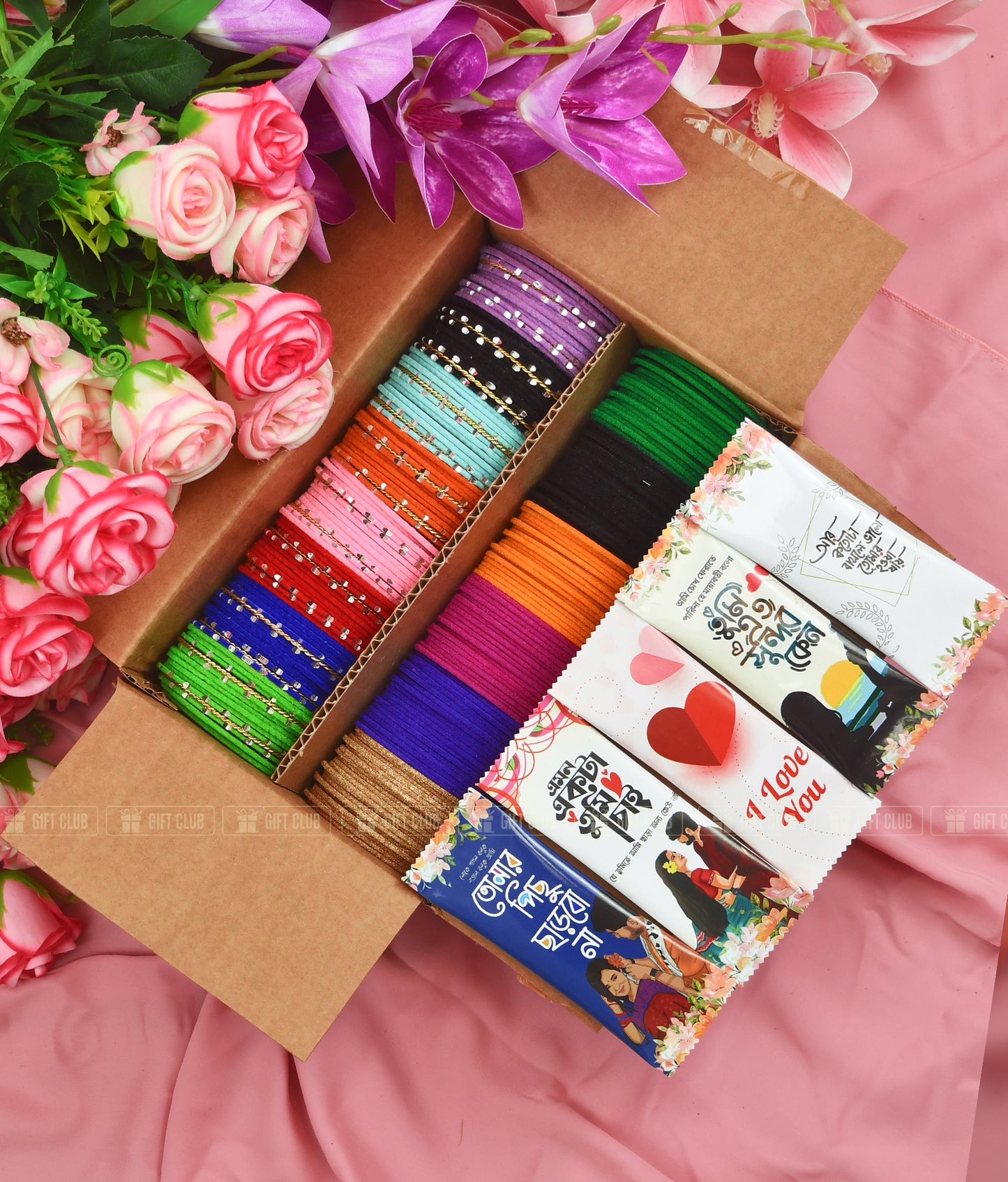 রঙিন প্রেম (CX04) - Multi-Color Bangles & Romantic Chocolate Box