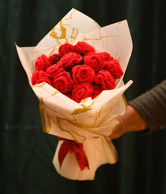 CR01 - "Forever Blooms" - 2 in 1 Handwoven Chrochet Red Rose Bouquet + Home Decor